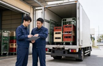 未経験の酒類配送ドライバーが先輩と積載チェック表を確認する研修風景