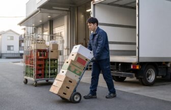酒類配送の荷役負担を確認しながら台車でケースを運ぶドライバー
