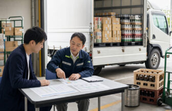 酒類配送の面接で配属便と荷役条件を確認する応募者と採用担当者