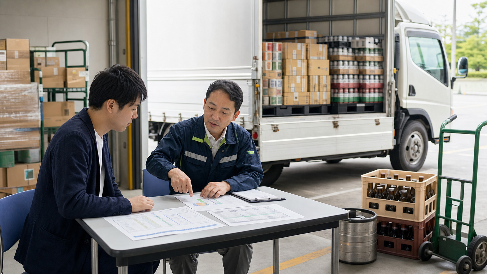 酒類配送の面接で配属便と荷役条件を確認する応募者と採用担当者
