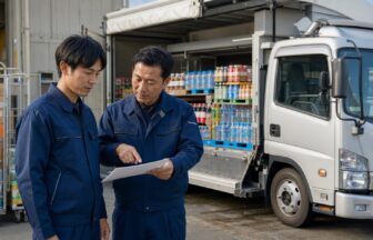 飲料配送車の前で安全チェックリストを確認する未経験ドライバーと指導員