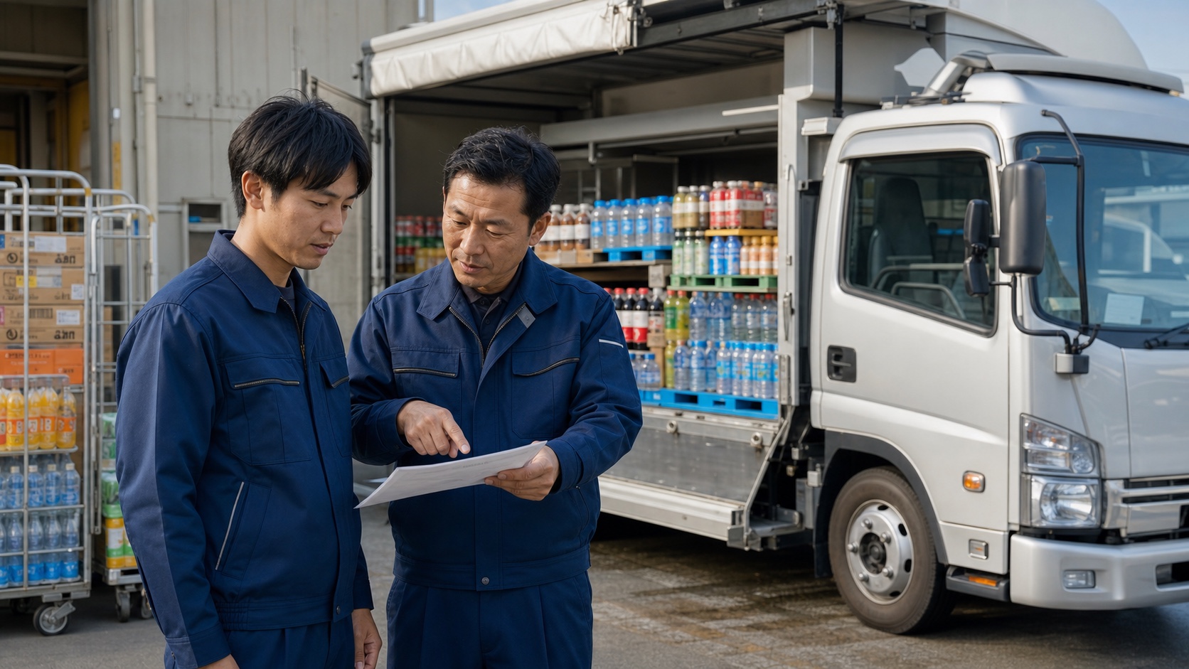 飲料配送車の前で安全チェックリストを確認する未経験ドライバーと指導員