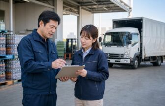 飲料配送センターで技能とキャリア計画を確認するドライバーと物流管理者
