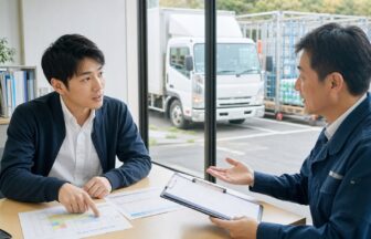 飲料配送車を背景に配車表と勤務条件を確認する応募者と採用担当者
