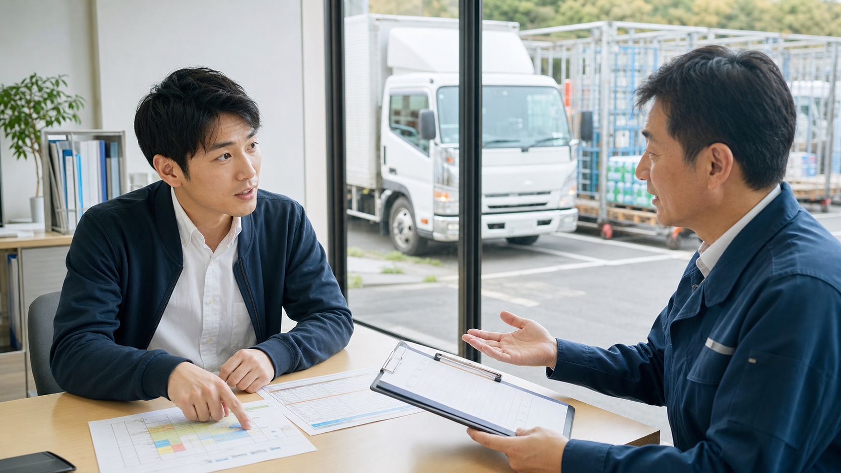 飲料配送車を背景に配車表と勤務条件を確認する応募者と採用担当者