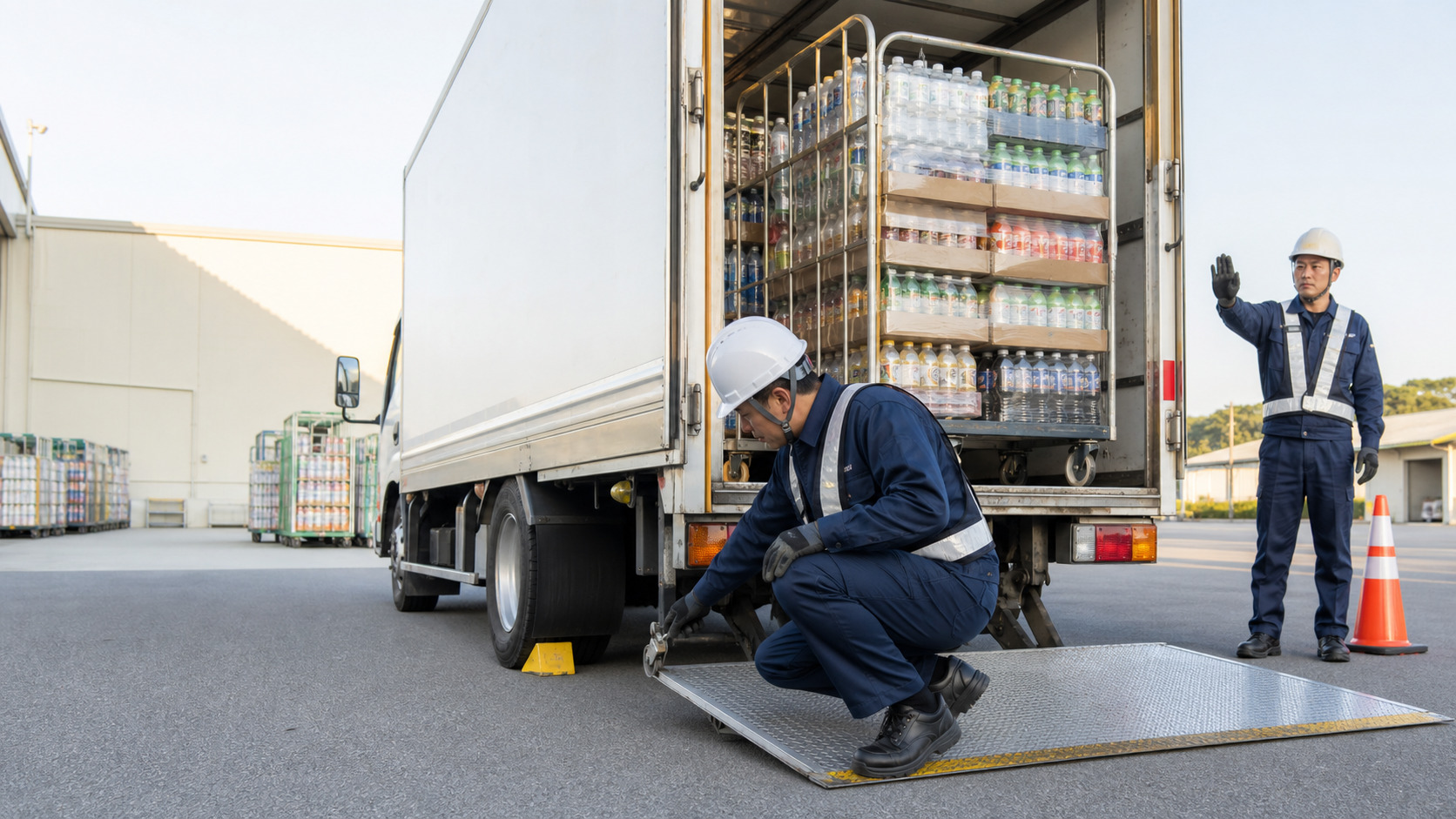 飲料配送の安全教育で車両と荷役設備を確認する場面