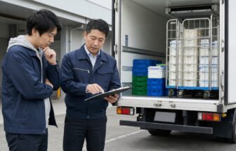 冷蔵車の前で配車担当者と乳製品配送のルートや荷役条件を確認する応募者