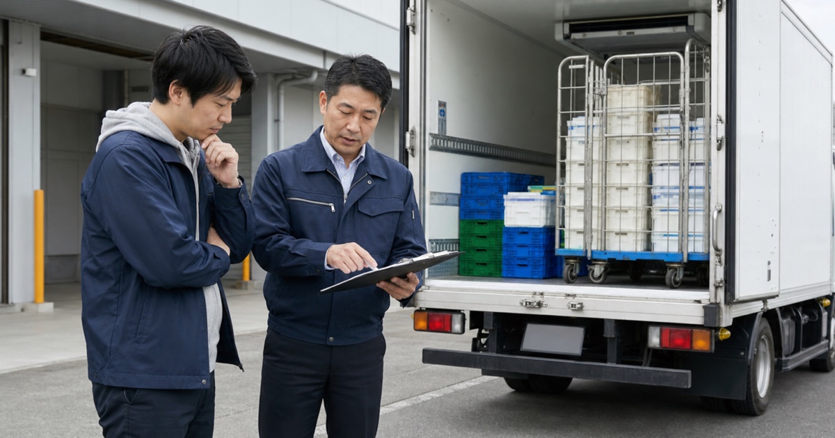 冷蔵車の前で配車担当者と乳製品配送のルートや荷役条件を確認する応募者