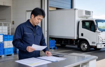 給与明細と勤務表を照合する乳製品配送ドライバーと冷蔵車