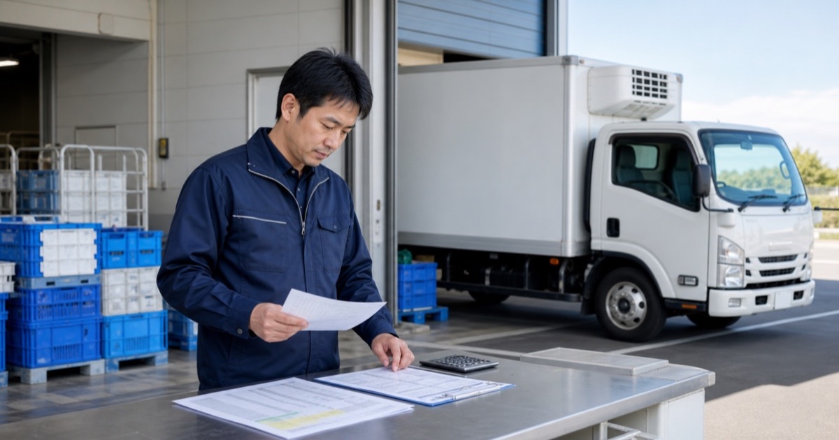 給与明細と勤務表を照合する乳製品配送ドライバーと冷蔵車