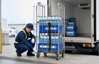 冷蔵車の前で乳製品を積んだ台車のキャスターブレーキを確認する配送ドライバー