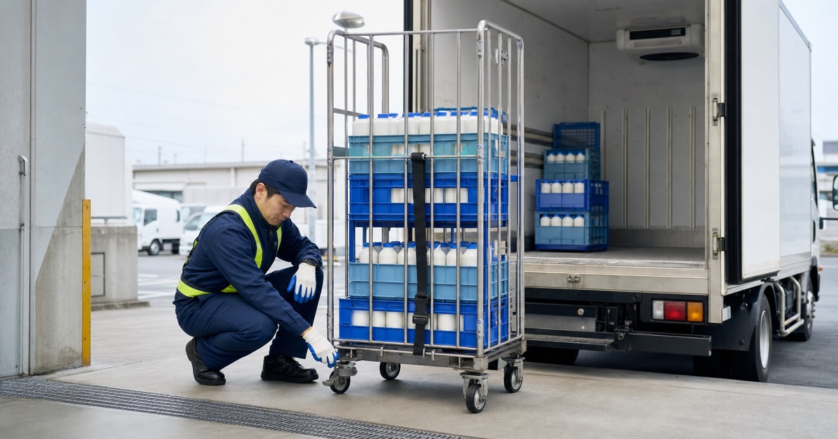 冷蔵車の荷台で固定設備と乳製品の荷姿を確認する配送員