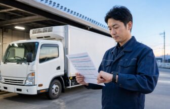 早朝の冷蔵配送センターでルート表と時刻を確認する乳製品配送ドライバー