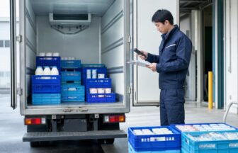 冷蔵車の庫内温度と乳製品クレートを出庫前に確認する配送ドライバー