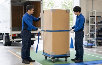 家電配送の新人研修で空梱包と固定具を確認する指導者と研修者