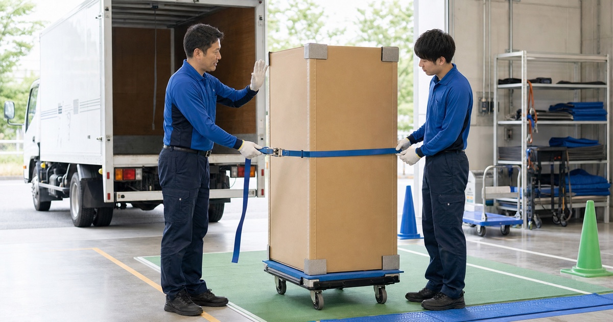 家電配送の新人研修で空梱包と固定具を確認する指導者と研修者