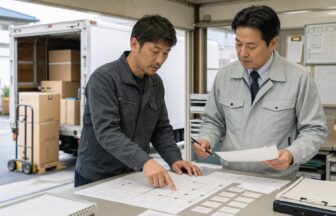 家電配送の技能台帳と次の役割を拠点で確認するドライバーと上司