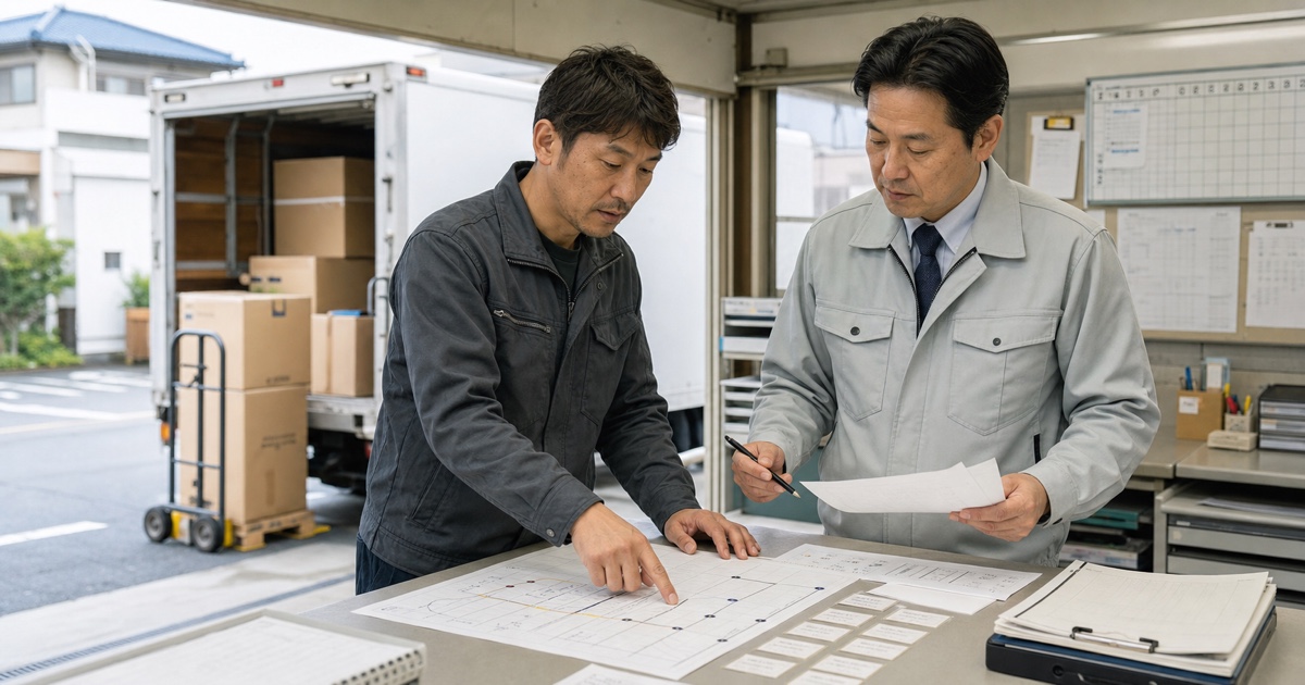 家電配送の技能台帳と次の役割を拠点で確認するドライバーと上司
