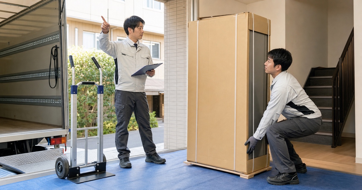 家電配送の荷役負担を台車・階段・二人作業で確認する作業員