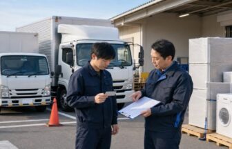 家電配送の車格と担当範囲を車両前で確認する研修者と指導者