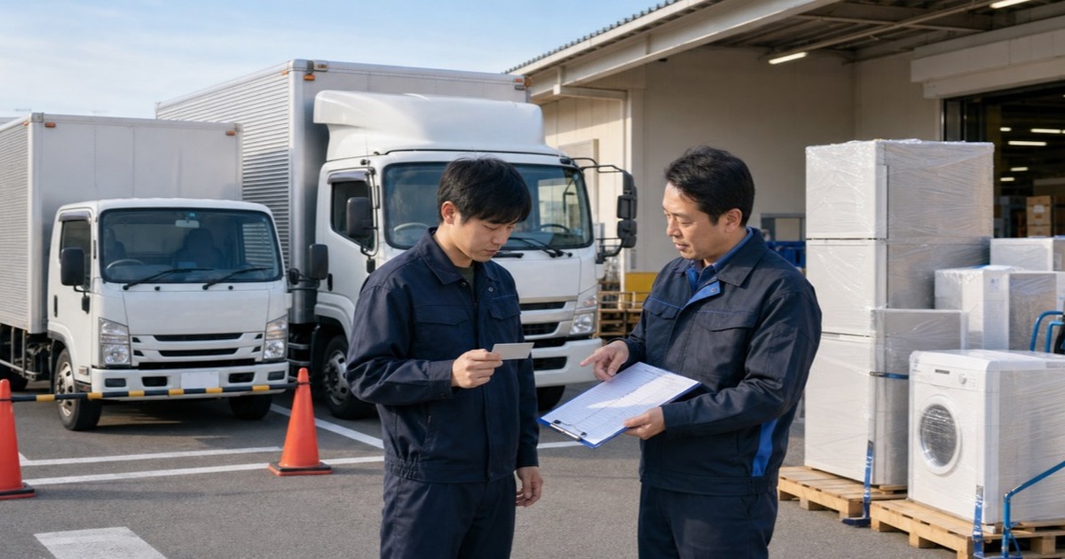 家電配送の車格と担当範囲を車両前で確認する研修者と指導者