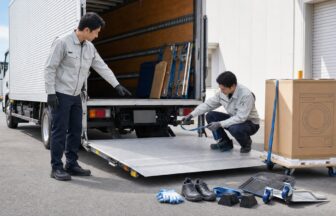 家電配送の始業前にリフト・固定具・搬入経路を安全確認する作業員