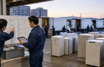 家電配送の始業前に配車と休憩計画を確認する担当者とドライバー