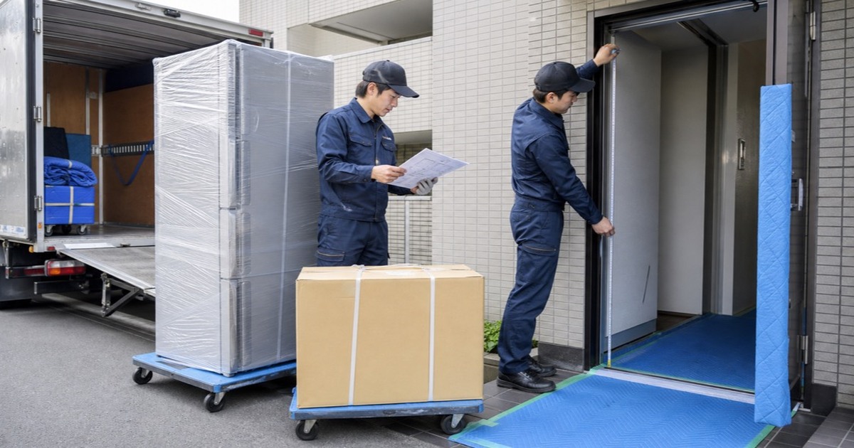 家電配送前に冷蔵庫と洗濯機の搬入経路を測る作業員