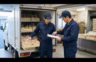 パンケースの表示を確認しながら先輩から配送ルートの指導を受ける新人ドライバー