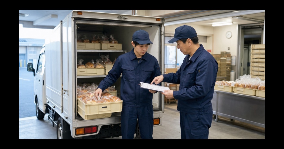 パンケースの表示を確認しながら先輩から配送ルートの指導を受ける新人ドライバー
