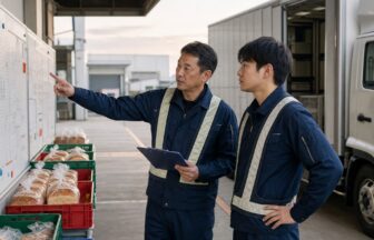 パン配送の運行表を前に後輩へ改善点を説明する経験者ドライバー