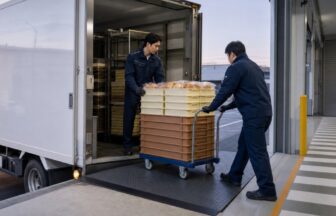 明け方の配送センターでパン容器を載せた台車を荷台へ安全に移動する2人の配送スタッフ