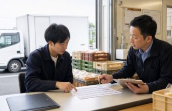 パン配送の面接で配属便の時刻表と荷役分担を確認する応募者