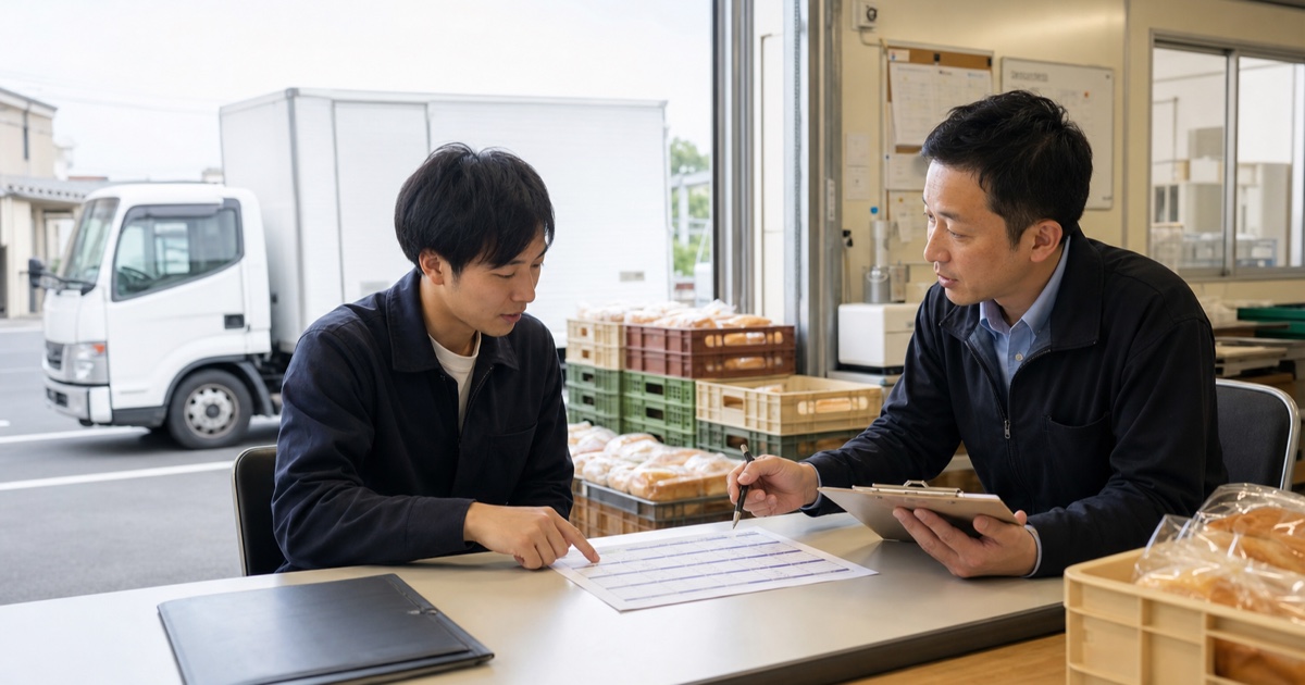 パン配送の面接で配属便の時刻表と荷役分担を確認する応募者
