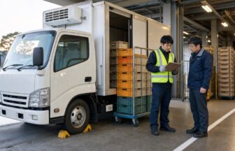 配送センターで車両と通い容器を見ながらパン配送求人の条件を確認する応募者