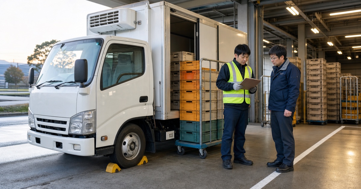 配送センターで車両と通い容器を見ながらパン配送求人の条件を確認する応募者