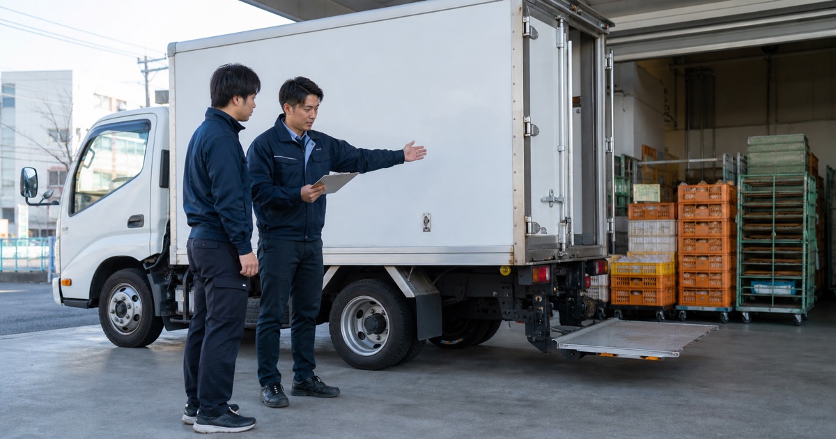 配送センターでパン配送車の車格とテールゲートリフターの業務範囲を確認する応募者と指導員