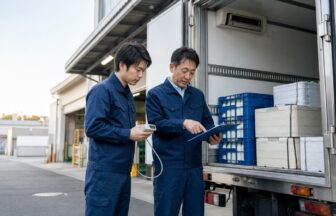未経験の乳製品配送ドライバーが先輩と冷蔵車の温度記録を確認する研修風景