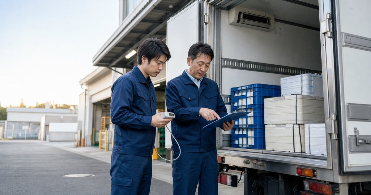 未経験の乳製品配送ドライバーが先輩と冷蔵車の温度記録を確認する研修風景