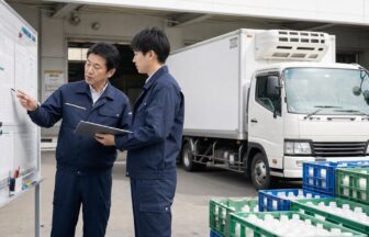 乳製品配送の経験者と運行担当者が冷蔵車の前で配送計画を確認する様子