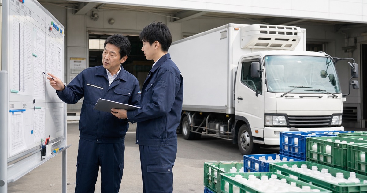 乳製品配送の経験者と運行担当者が冷蔵車の前で配送計画を確認する様子