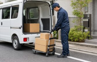 ECラストマイル配送のドライバーが台車と荷物の安定を確認する