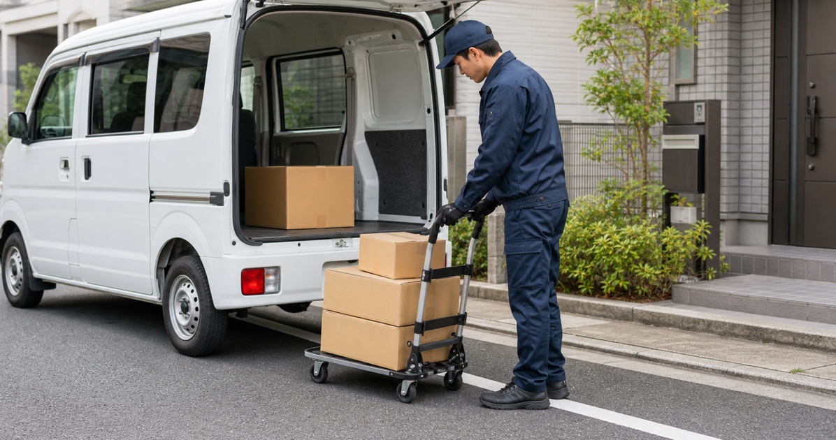 ECラストマイル配送のドライバーが台車と荷物の安定を確認する
