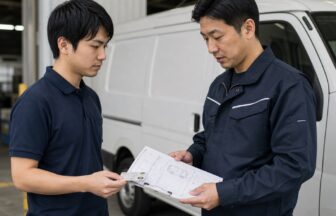 ECラストマイル配送の候補車と免許証・車両書類を照合するドライバー