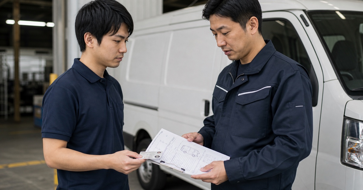 ECラストマイル配送の候補車と免許証・車両書類を照合するドライバー
