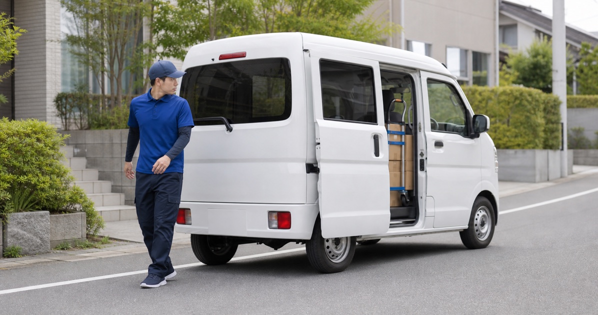 ECラストマイル配送のドライバーが軽貨物車の周囲を安全確認する