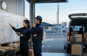 ECラストマイル配送の勤務時刻と配達計画を朝の拠点で確認するドライバー