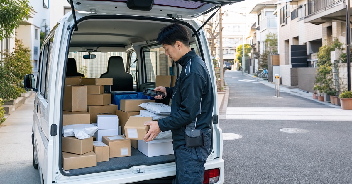ECラストマイル配送の荷物を車内でスキャンし配達順を確認するドライバー