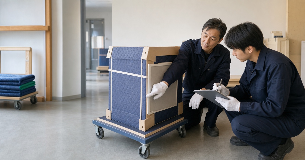 美術品輸送の新人が先輩の監督下で輸送箱と確認票を学ぶ