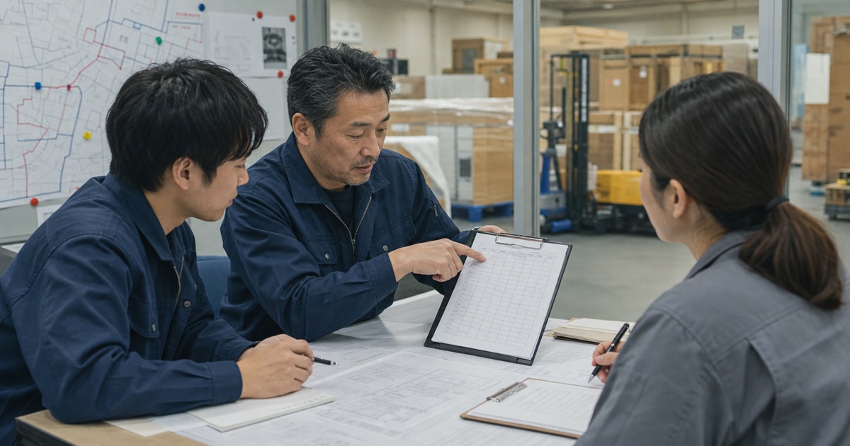 美術品輸送の経験者が技能台帳を使って次の役割を同僚と検討する